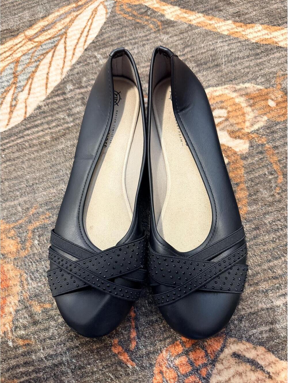 Harborsides Black Ballet Flats Women's 10W Wide Width Rhinestone Shoes